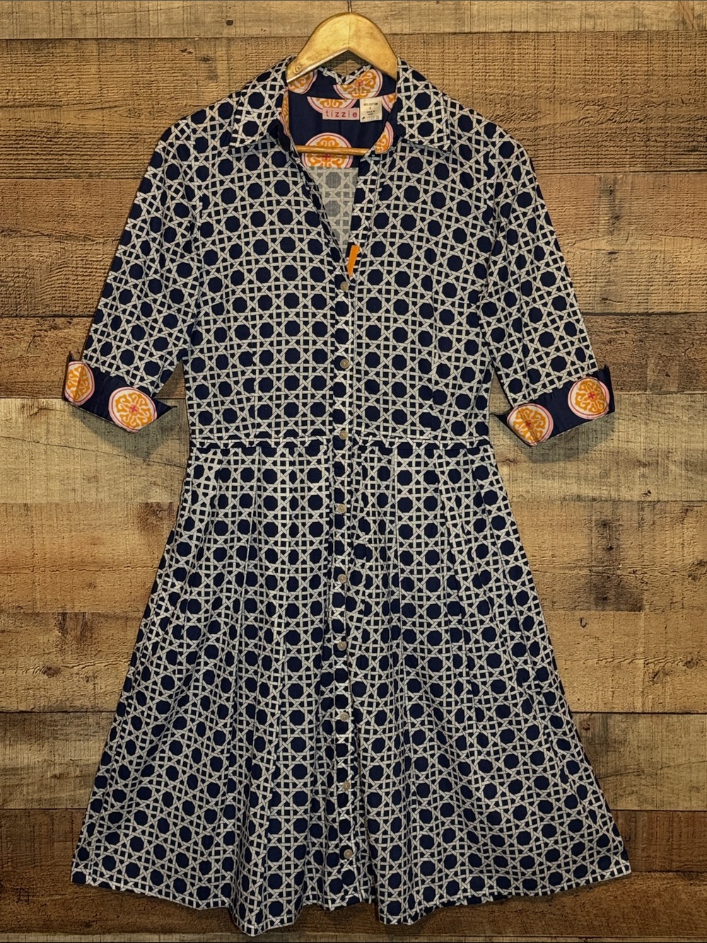Tizzie Mrs Maisel Dress Octagon Basket Weave Navy White Cotton Shirt Dress Small